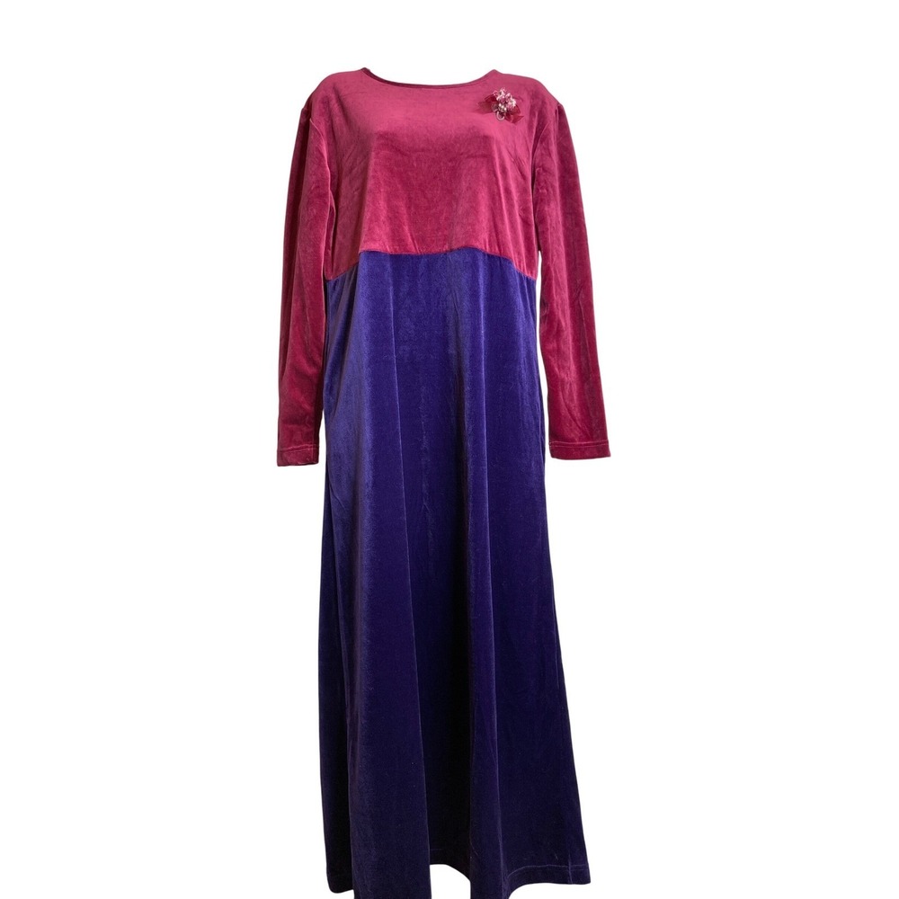 Coldwater Creek Purple Red Velvet Maxi Dress Sz M Floral Brooch Elegant Evening